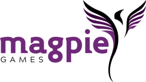 Magpie Games Logo, purple and black with stylized flying bird