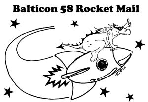 Balticon 58 Rocket Mail logo - line drawing of dragon riding atop a 1950s-style rocket with fins